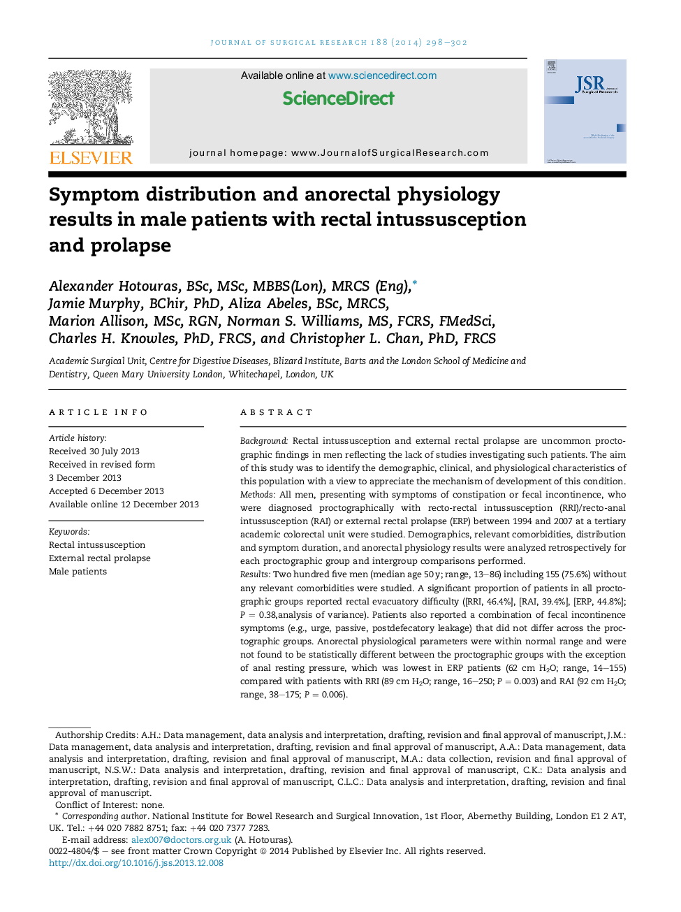 Symptom distribution and anorectal physiology results in male patients with rectal intussusception and prolapse 