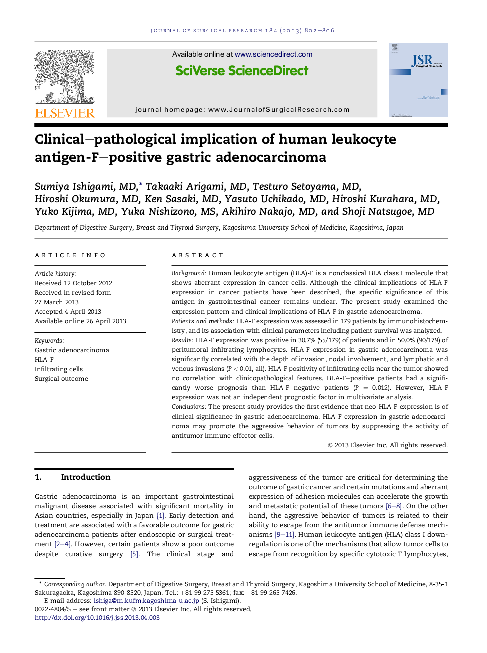 Clinical–pathological implication of human leukocyte antigen-F–positive gastric adenocarcinoma