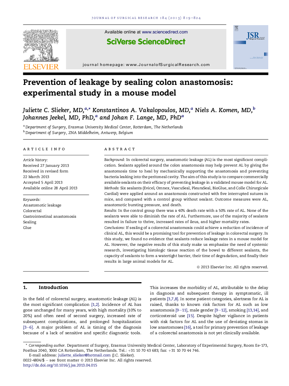 Prevention of leakage by sealing colon anastomosis: experimental study in a mouse model