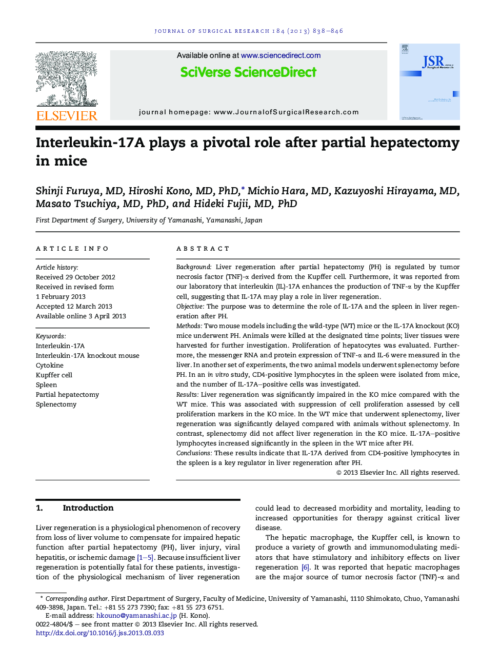 Interleukin-17A plays a pivotal role after partial hepatectomy in mice