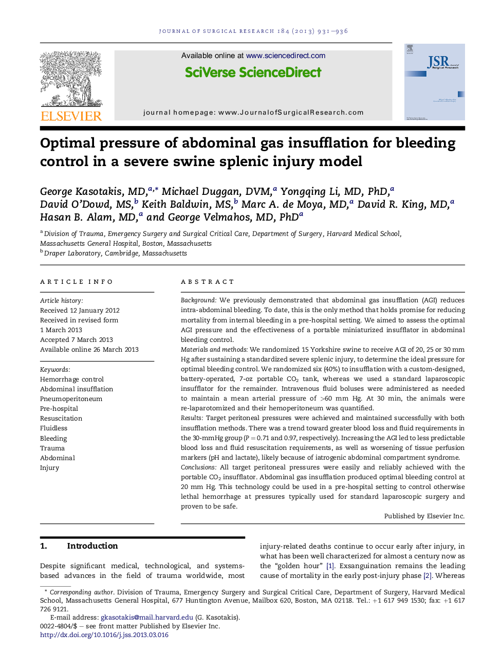 Optimal pressure of abdominal gas insufflation for bleeding control in a severe swine splenic injury model