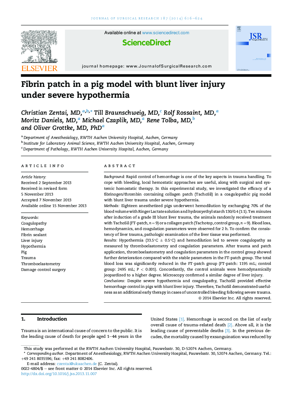 Fibrin patch in a pig model with blunt liver injury under severe hypothermia 