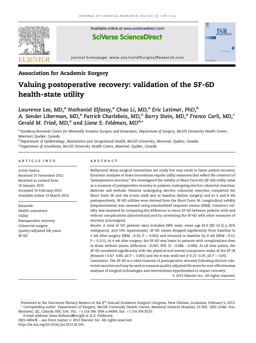 Valuing postoperative recovery: validation of the SF-6D health-state utility 