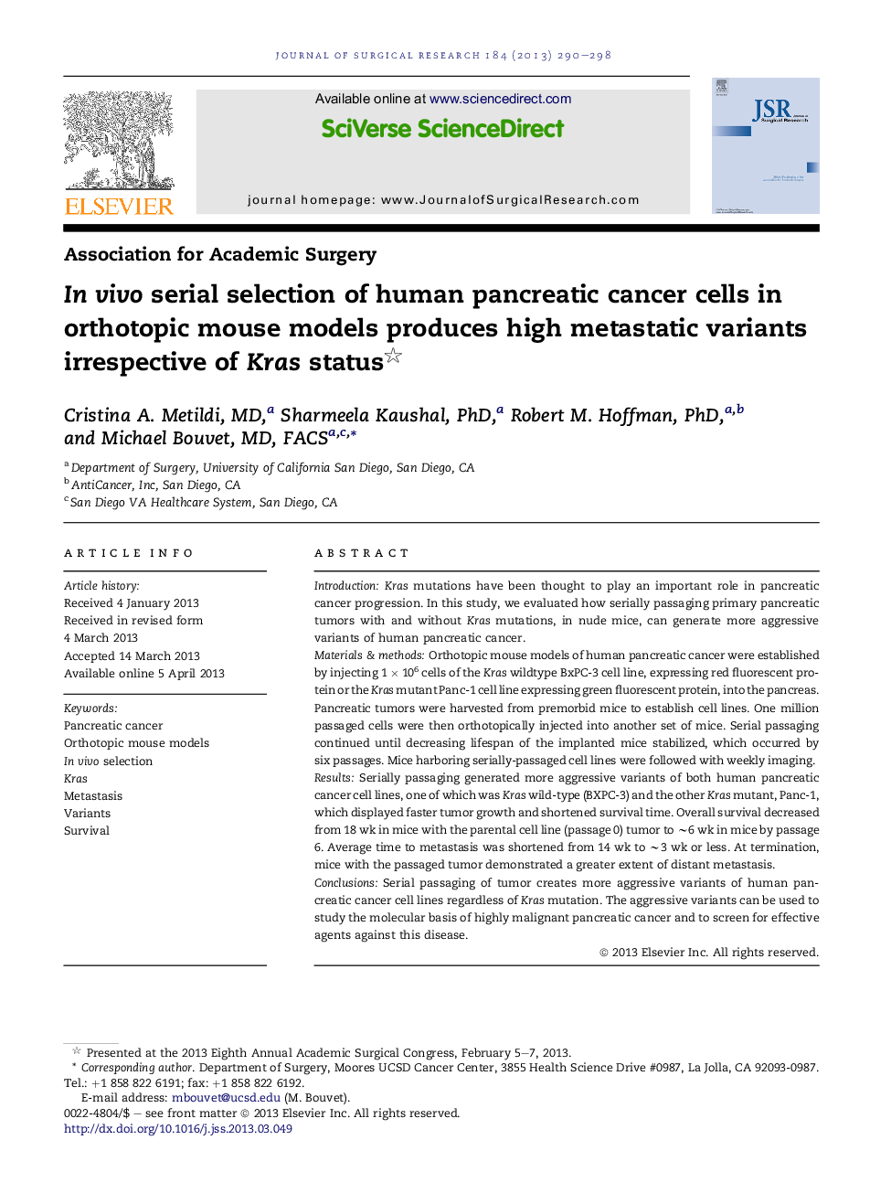 In vivo serial selection of human pancreatic cancer cells in orthotopic mouse models produces high metastatic variants irrespective of Kras status 