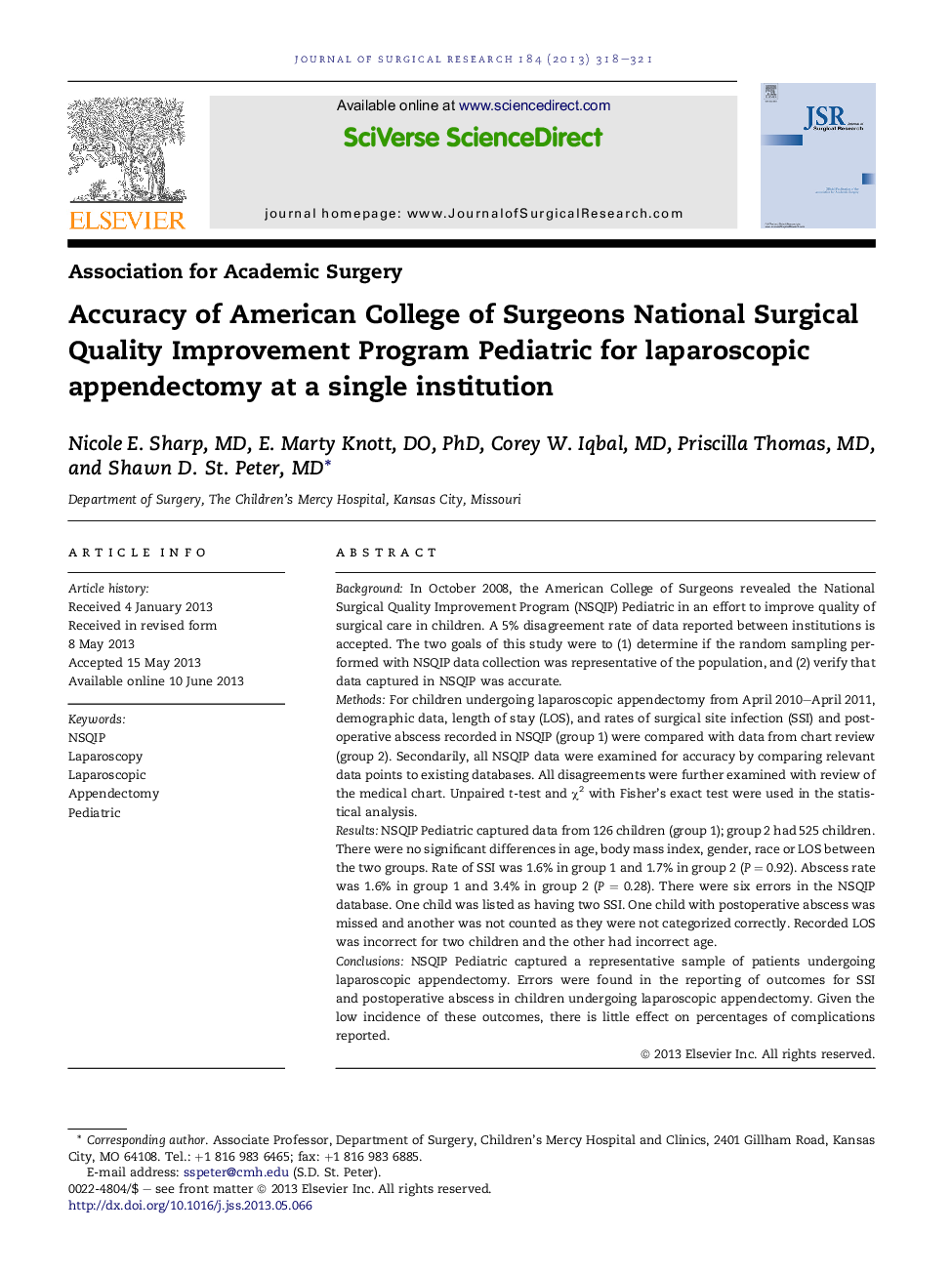 Accuracy of American College of Surgeons National Surgical Quality Improvement Program Pediatric for laparoscopic appendectomy at a single institution