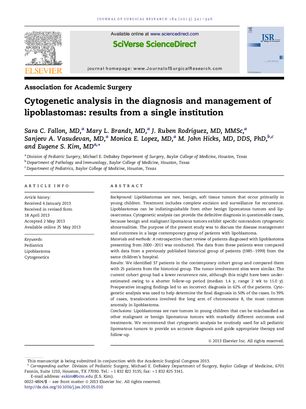 Cytogenetic analysis in the diagnosis and management of lipoblastomas: results from a single institution 