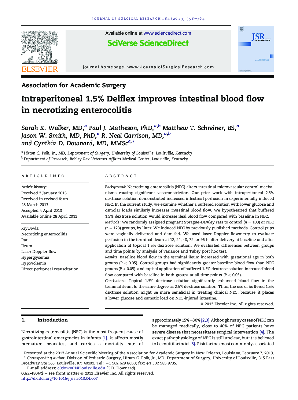 Intraperitoneal 1.5% Delflex improves intestinal blood flow in necrotizing enterocolitis