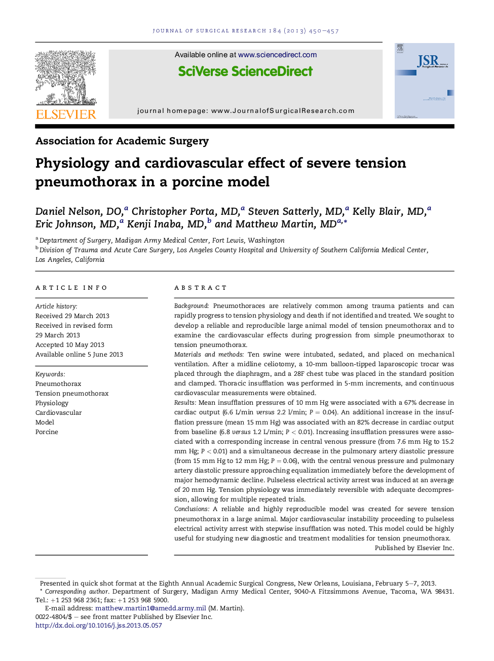 Physiology and cardiovascular effect of severe tension pneumothorax in a porcine model 