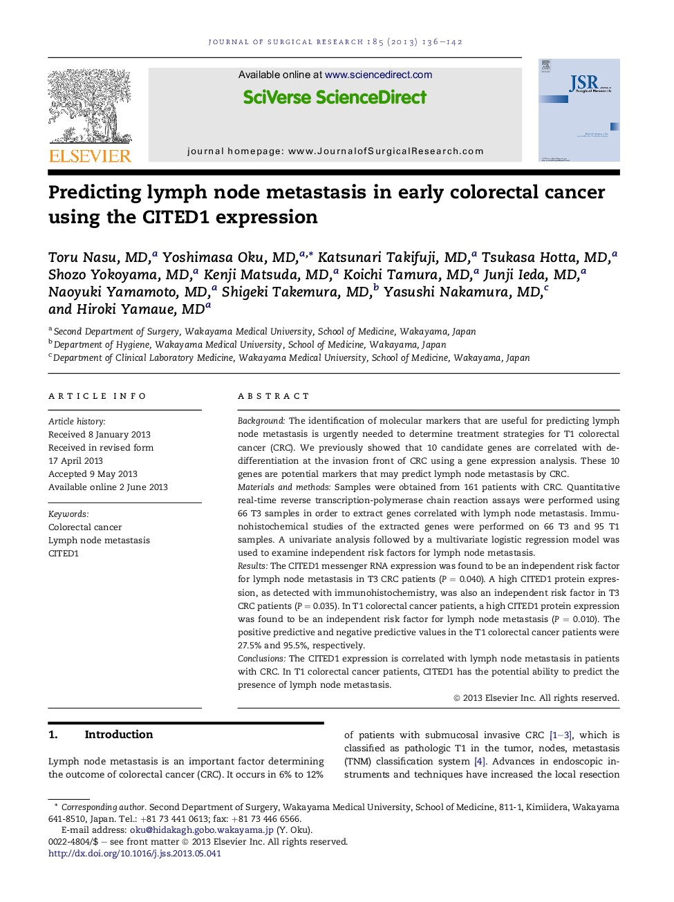 Predicting lymph node metastasis in early colorectal cancer using the CITED1 expression