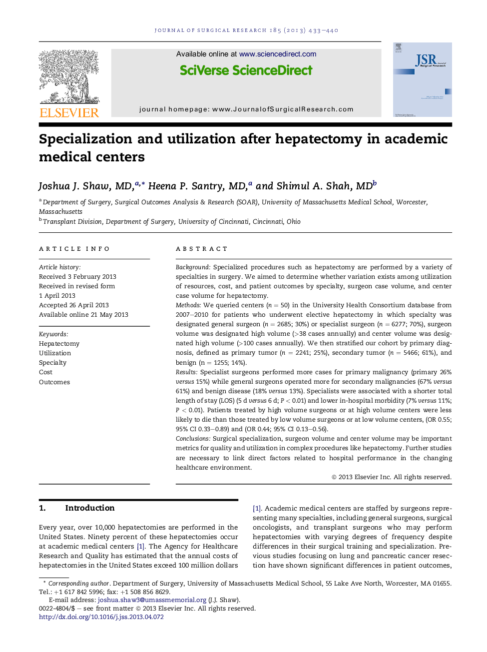 Specialization and utilization after hepatectomy in academic medical centers