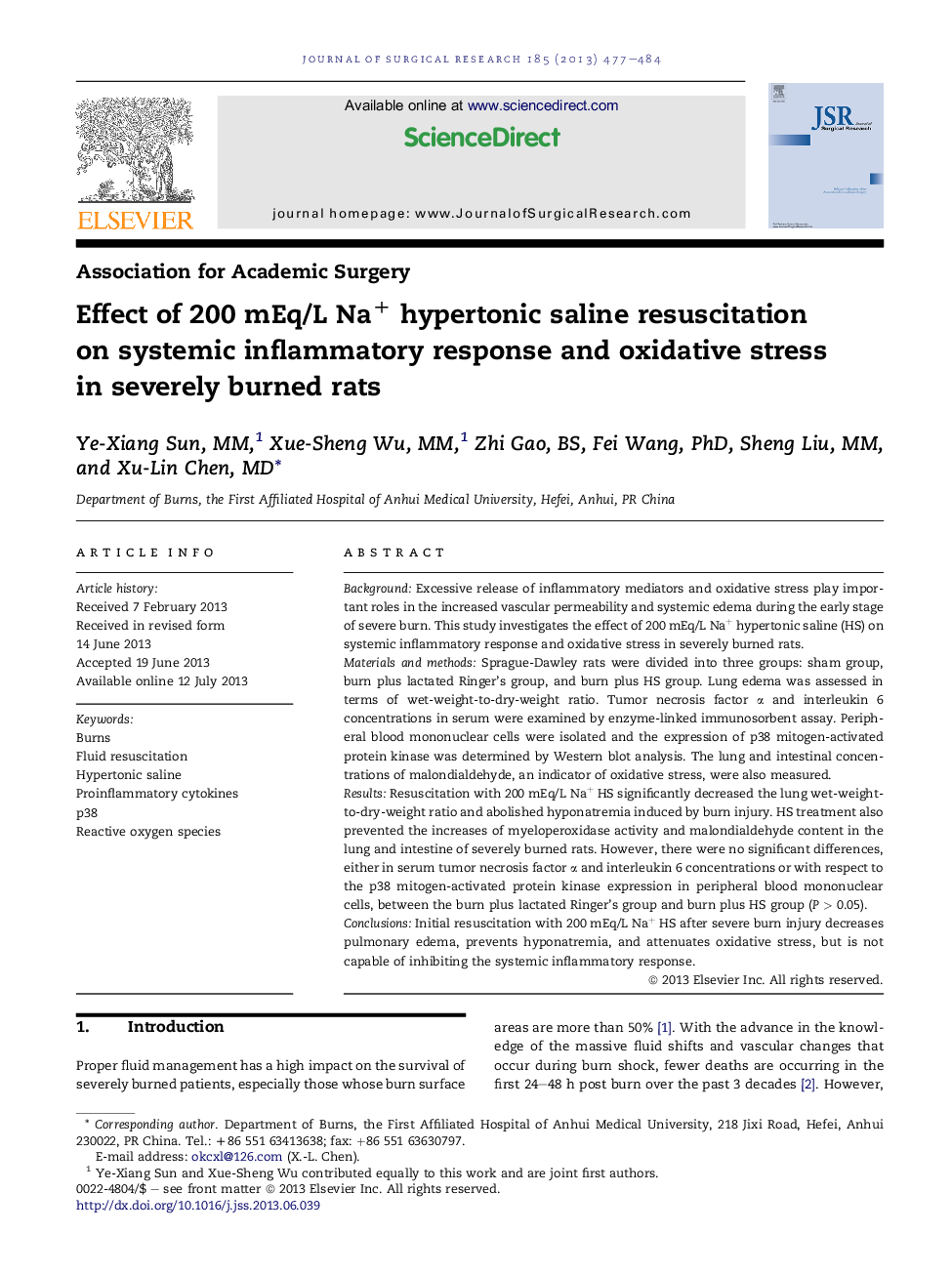 Effect of 200 mEq/L Na+ hypertonic saline resuscitation on systemic inflammatory response and oxidative stress in severely burned rats