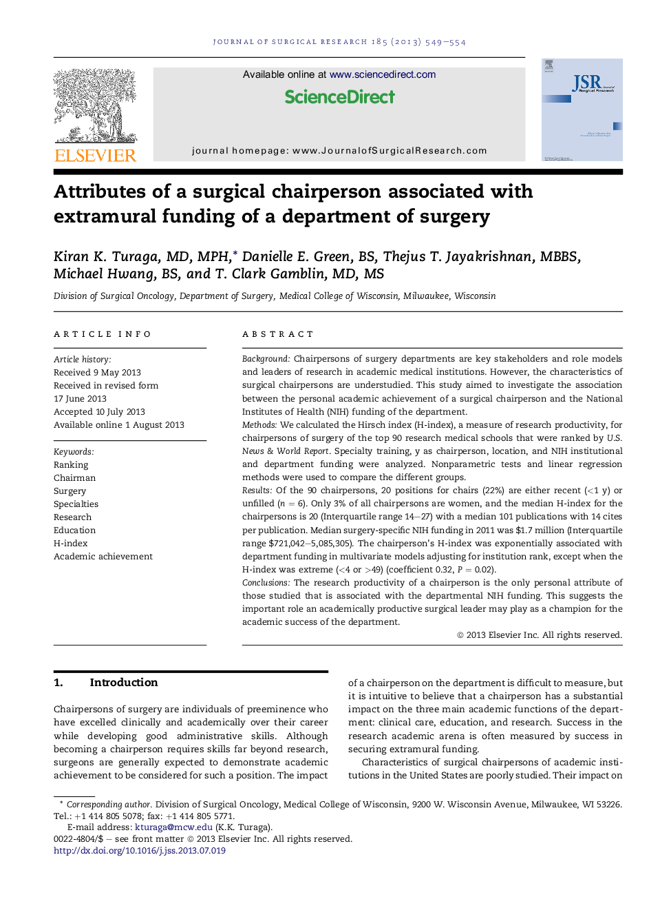 Attributes of a surgical chairperson associated with extramural funding of a department of surgery