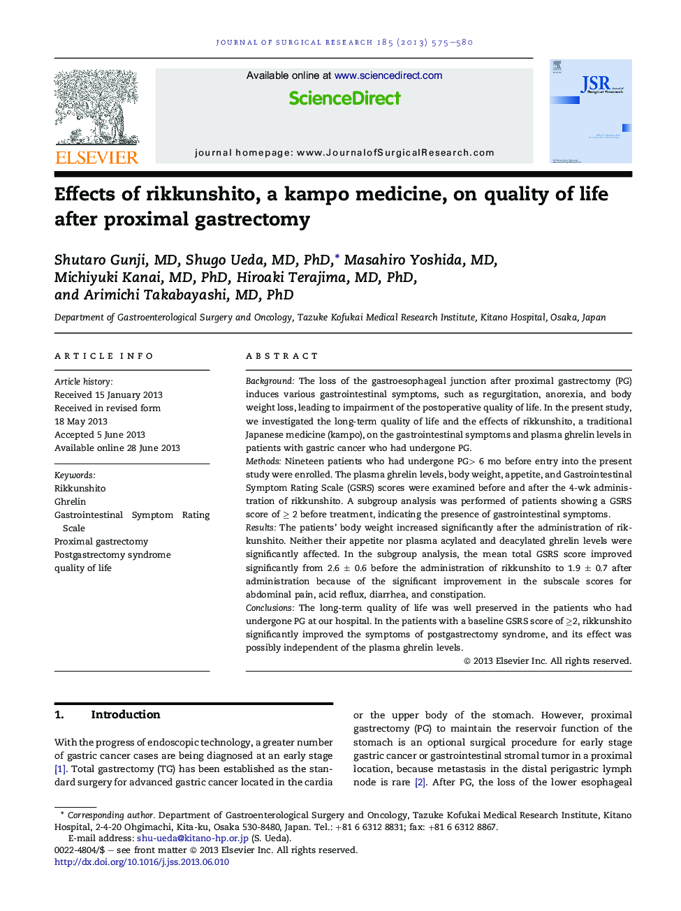 Effects of rikkunshito, a kampo medicine, on quality of life after proximal gastrectomy