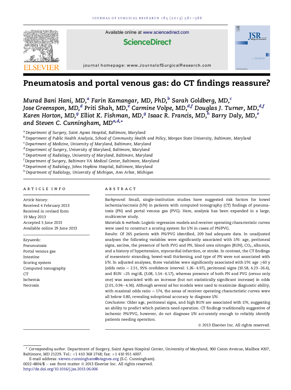 Pneumatosis and portal venous gas: do CT findings reassure?