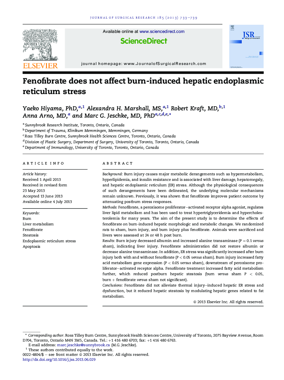 Fenofibrate does not affect burn-induced hepatic endoplasmic reticulum stress