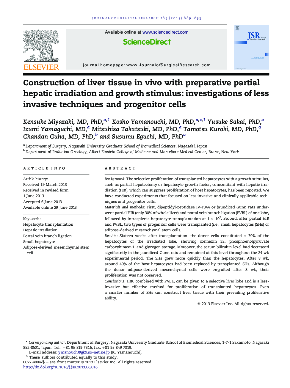 Construction of liver tissue in vivo with preparative partial hepatic irradiation and growth stimulus: investigations of less invasive techniques and progenitor cells