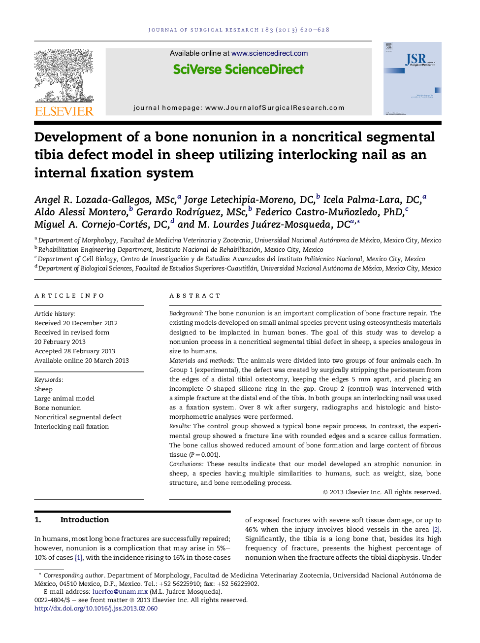 Development of a bone nonunion in a noncritical segmental tibia defect model in sheep utilizing interlocking nail as an internal fixation system