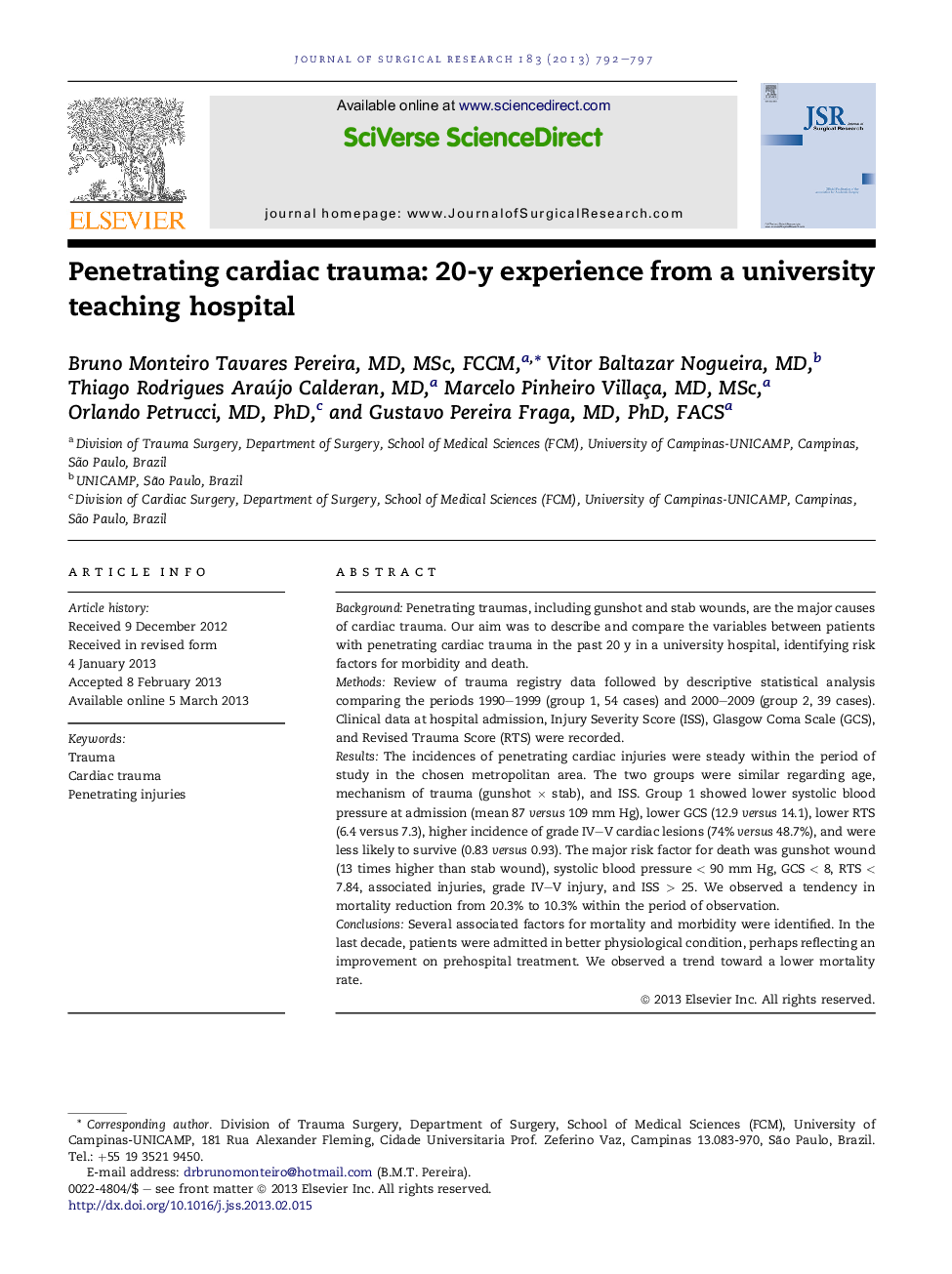 Penetrating cardiac trauma: 20-y experience from a university teaching hospital