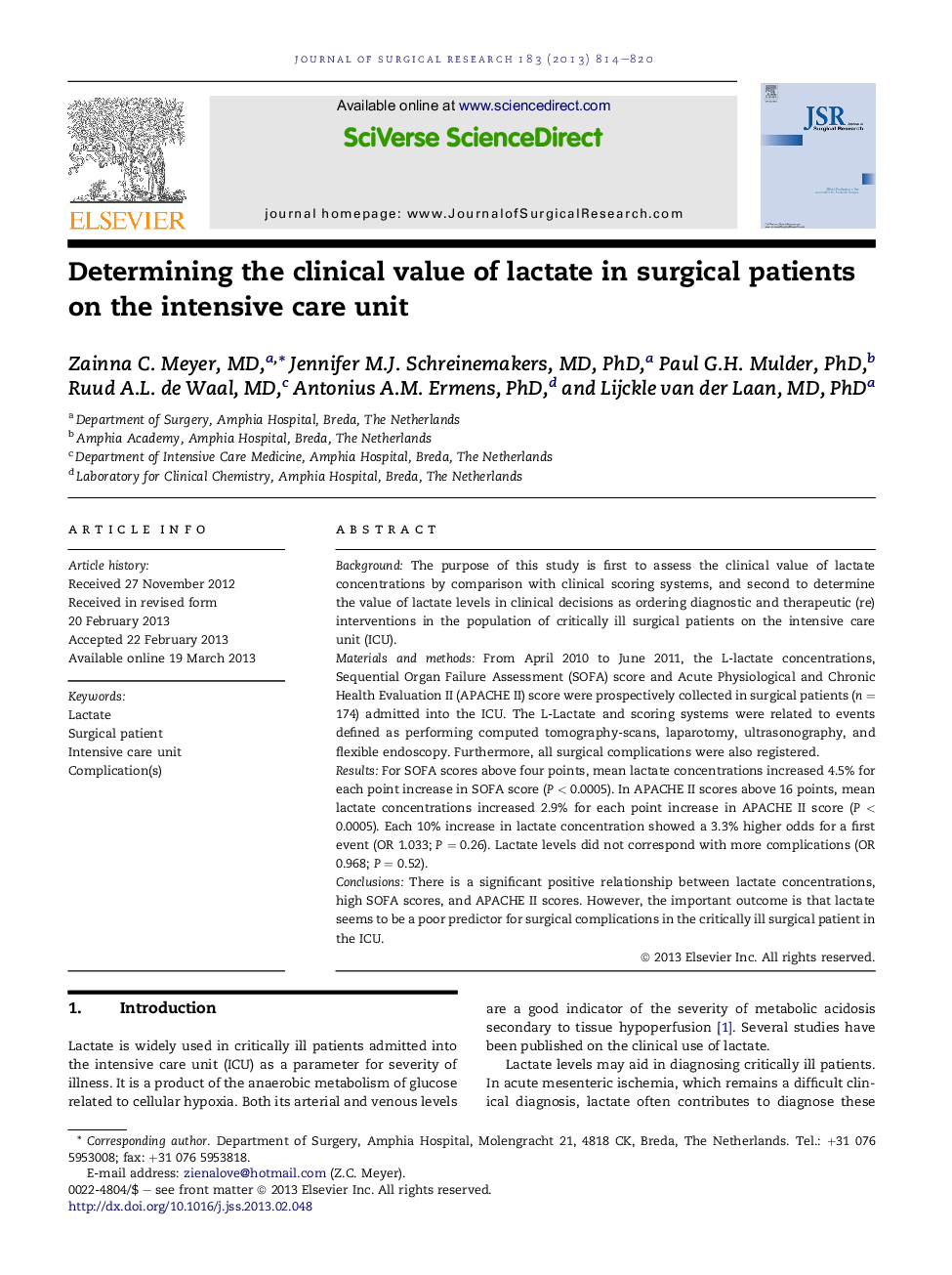 Determining the clinical value of lactate in surgical patients on the intensive care unit