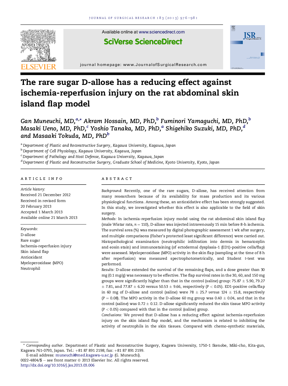 The rare sugar D-allose has a reducing effect against ischemia-reperfusion injury on the rat abdominal skin island flap model