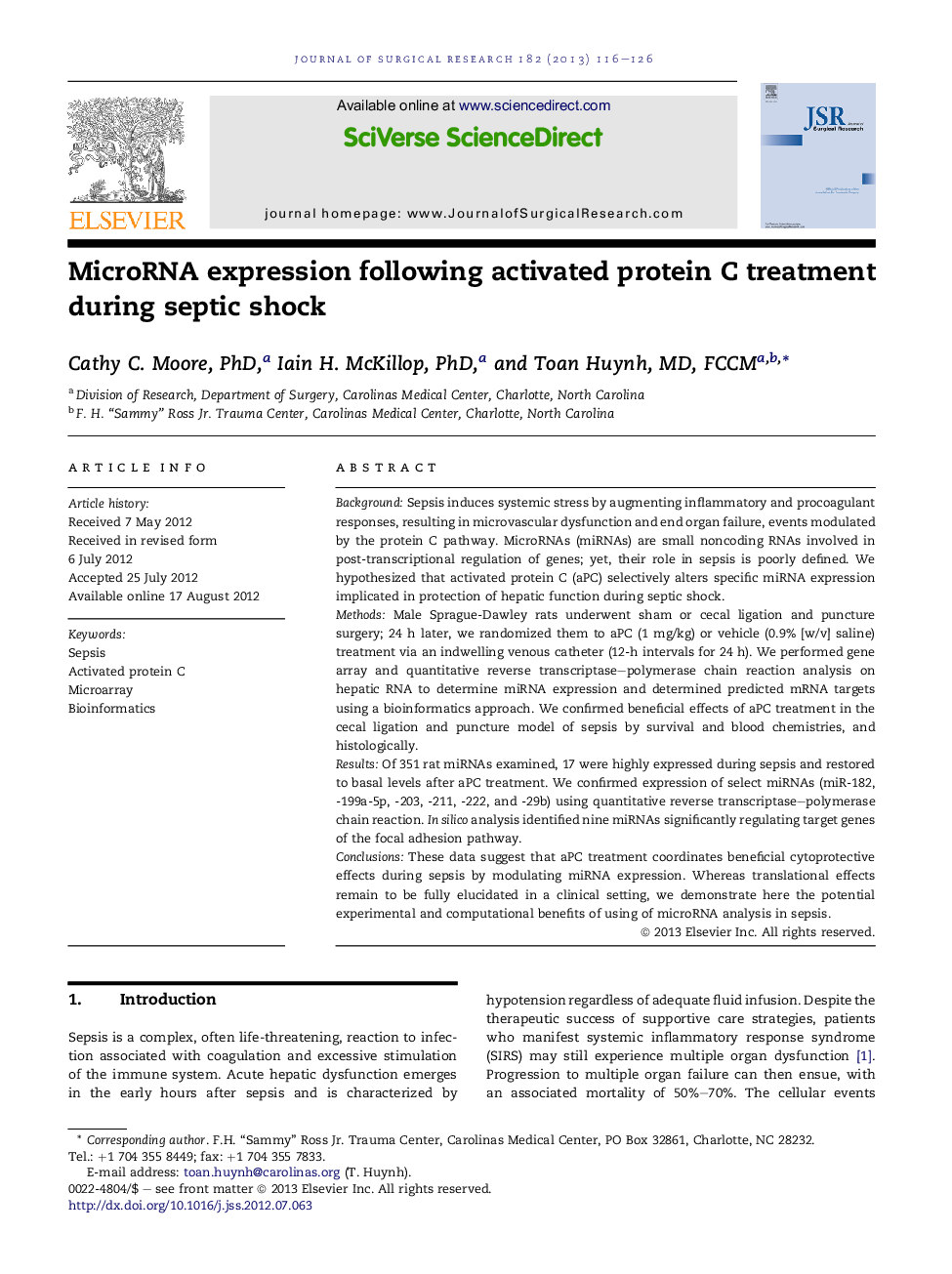 MicroRNA expression following activated protein C treatment during septic shock