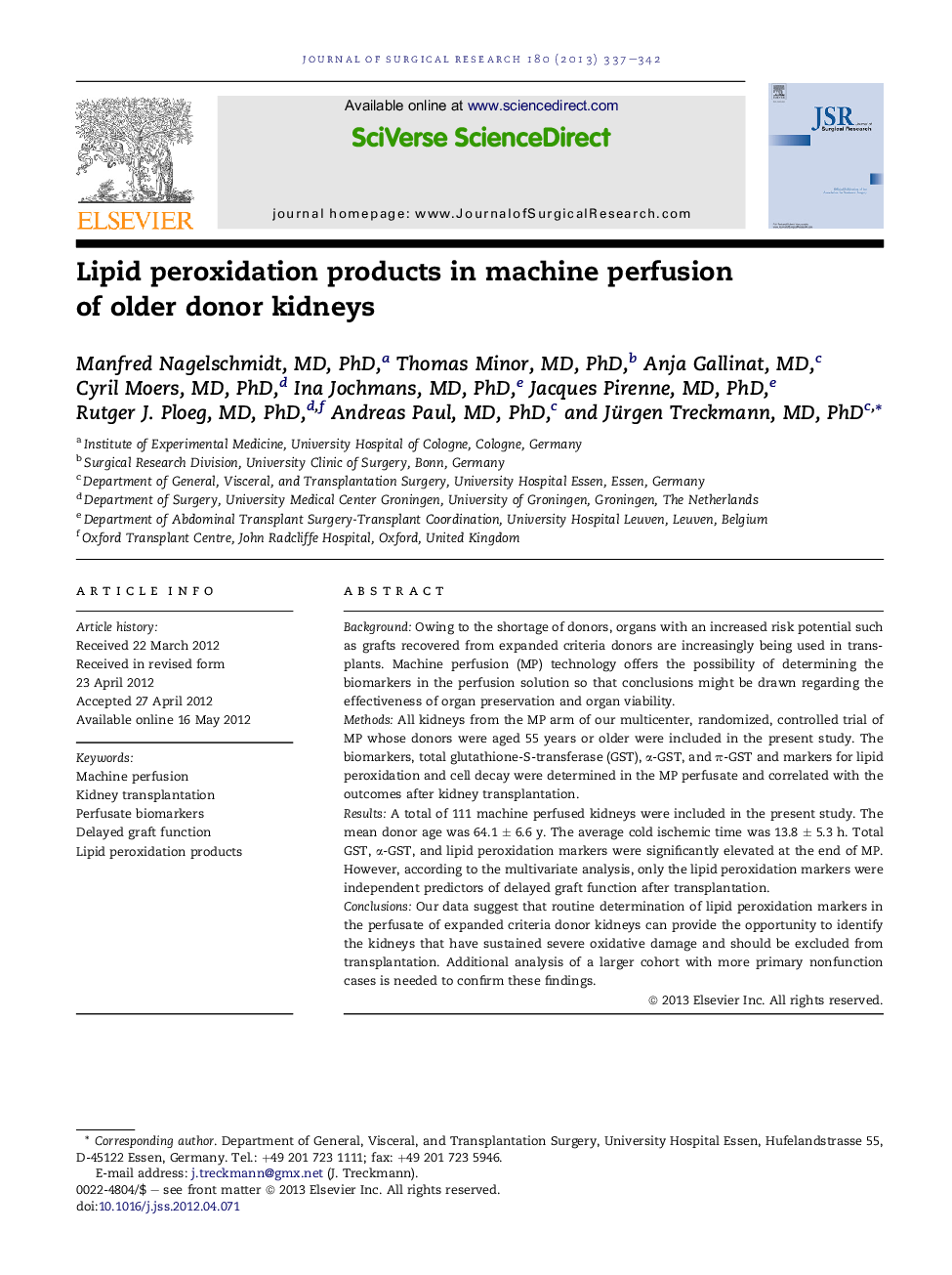 Lipid peroxidation products in machine perfusion of older donor kidneys