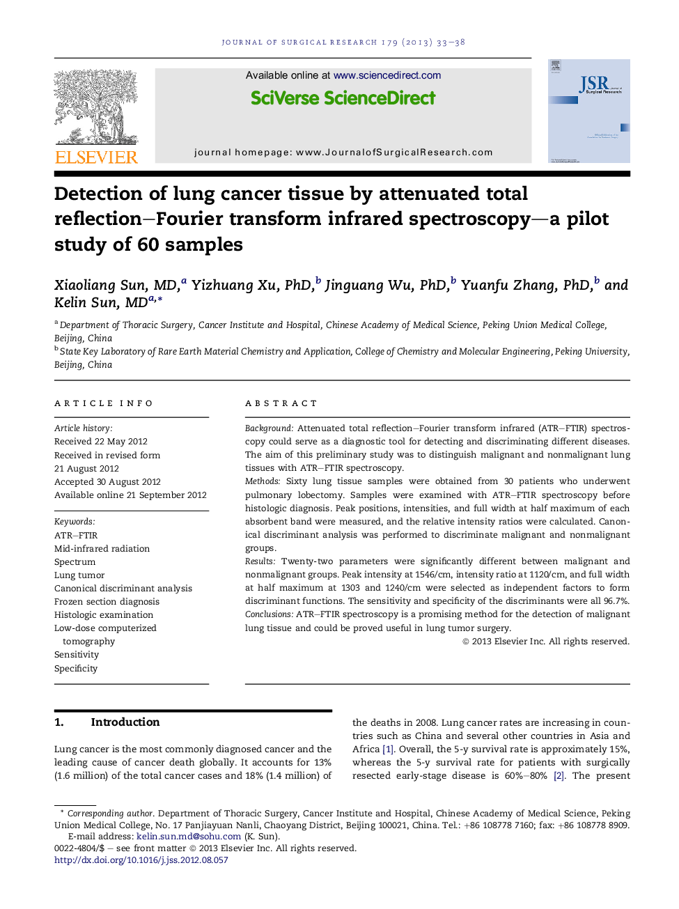 Detection of lung cancer tissue by attenuated total reflection–Fourier transform infrared spectroscopy—a pilot study of 60 samples