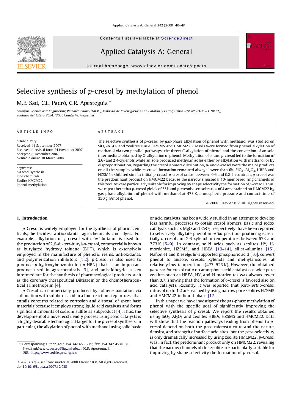 Selective synthesis of p-cresol by methylation of phenol