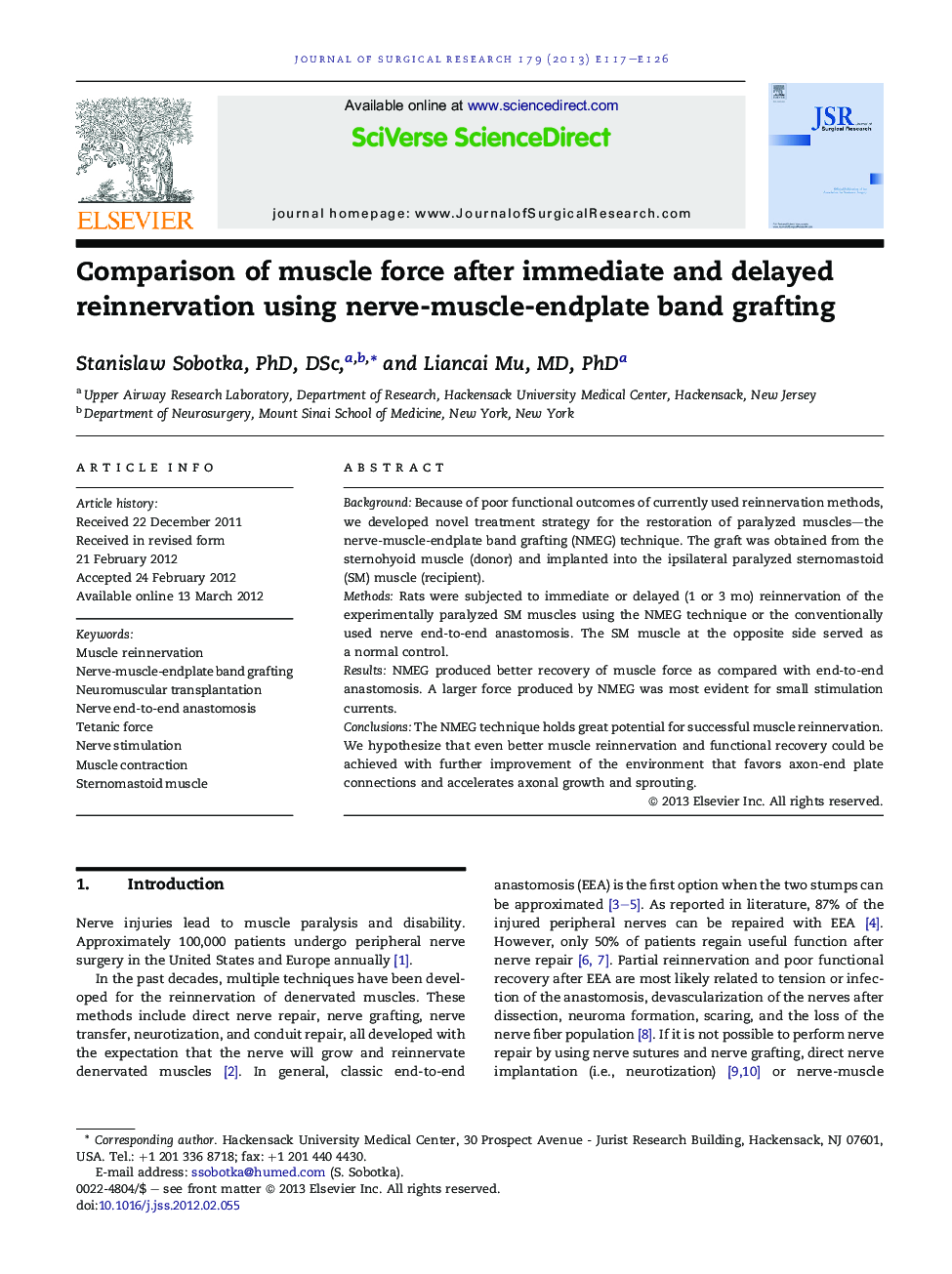 Comparison of muscle force after immediate and delayed reinnervation using nerve-muscle-endplate band grafting