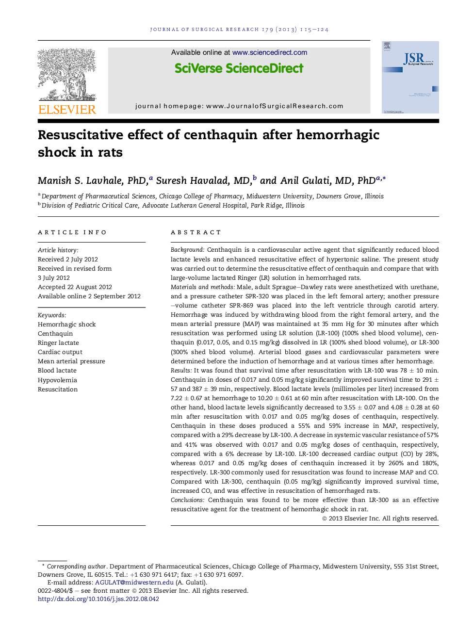 Resuscitative effect of centhaquin after hemorrhagic shock in rats