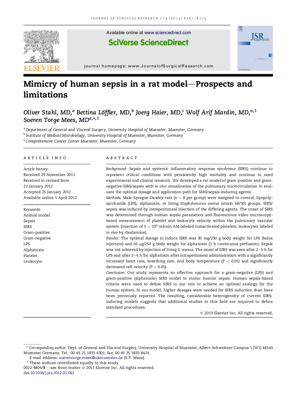 Mimicry of human sepsis in a rat model—Prospects and limitations