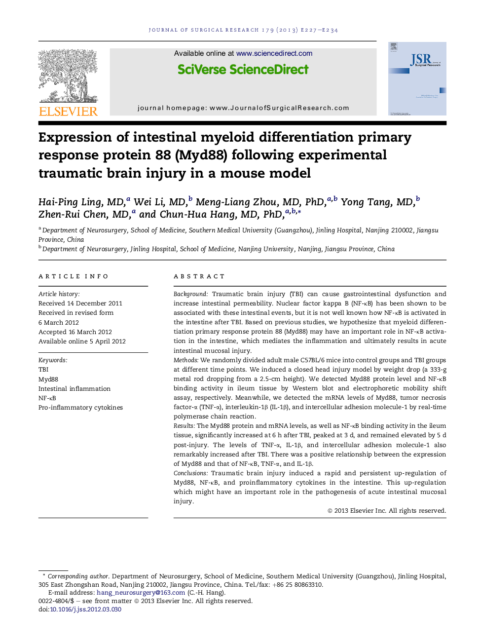 Expression of intestinal myeloid differentiation primary response protein 88 (Myd88) following experimental traumatic brain injury in a mouse model