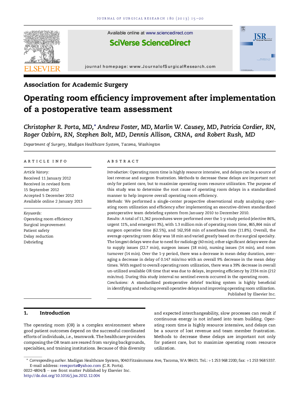 Operating room efficiency improvement after implementation of a postoperative team assessment