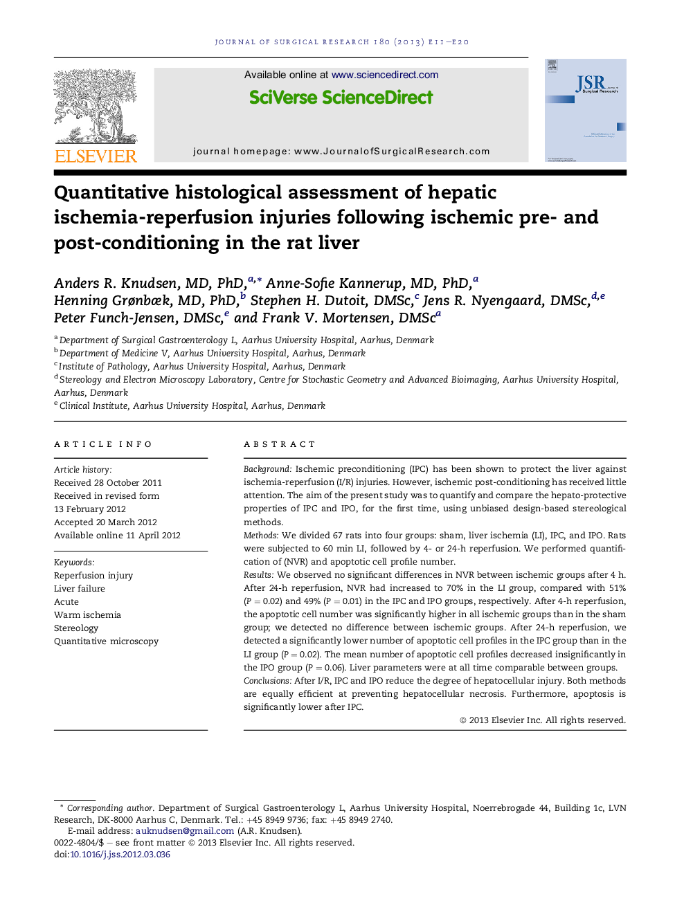 Quantitative histological assessment of hepatic ischemia-reperfusion injuries following ischemic pre- and post-conditioning in the rat liver