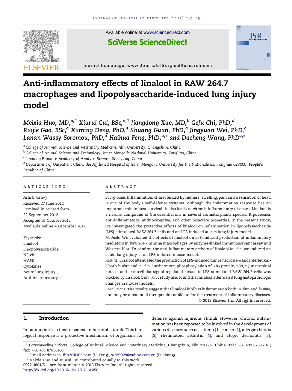 Anti-inflammatory effects of linalool in RAW 264.7 macrophages and lipopolysaccharide-induced lung injury model