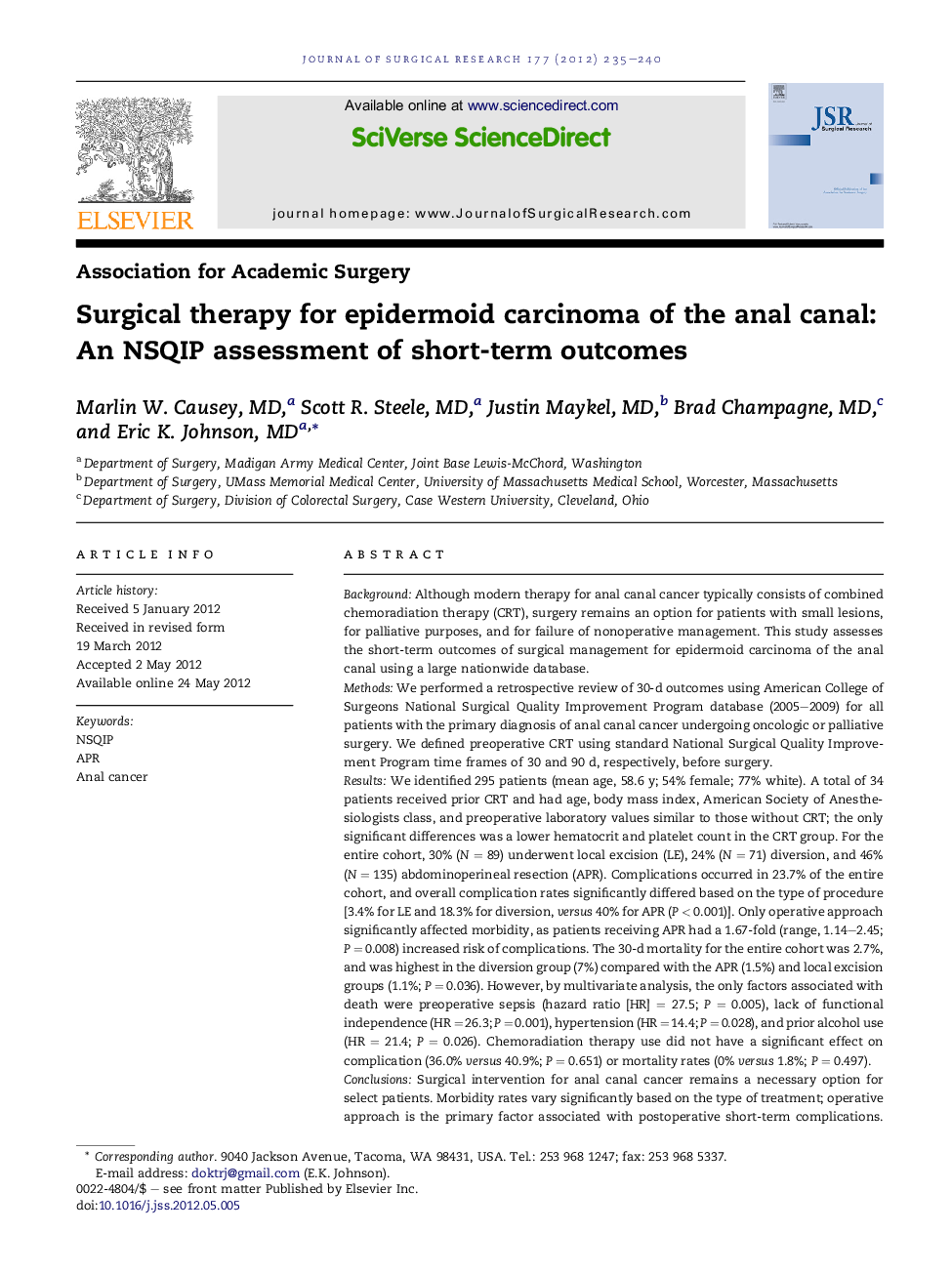 Surgical therapy for epidermoid carcinoma of the anal canal: An NSQIP assessment of short-term outcomes