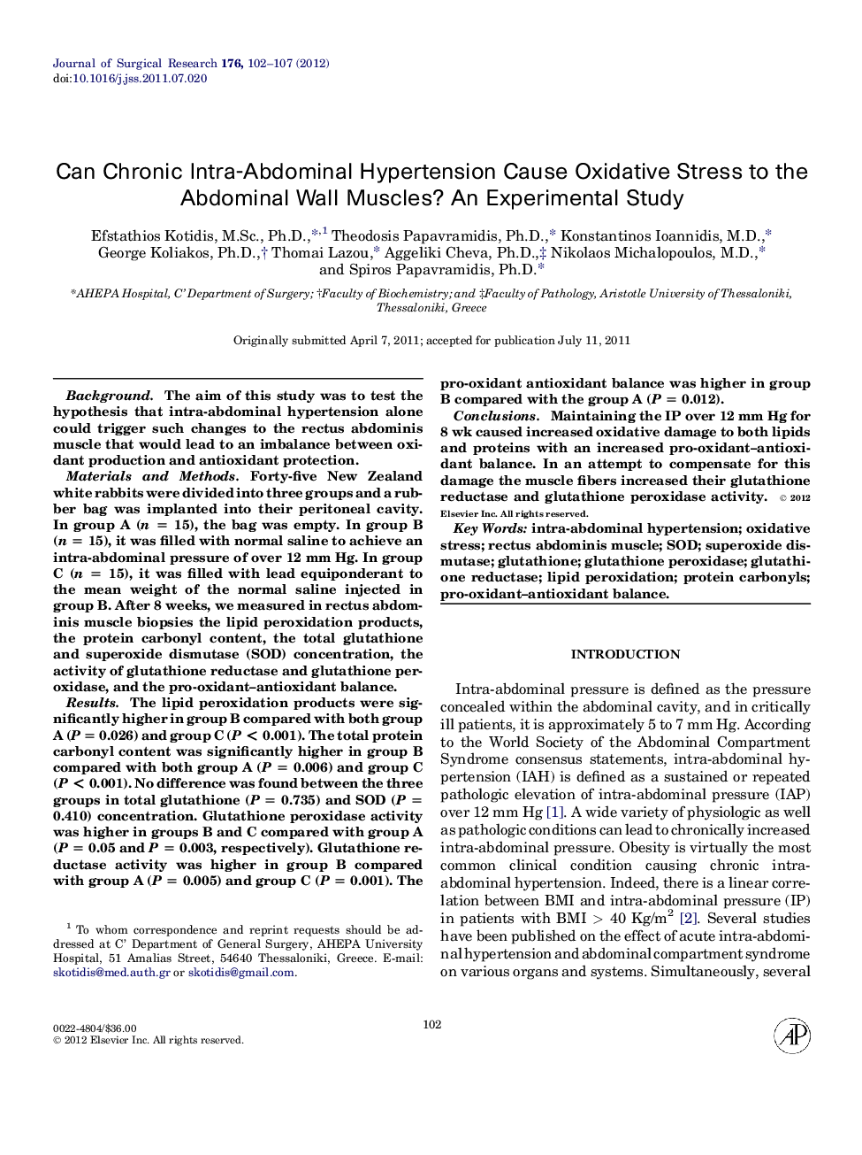 Can Chronic Intra-Abdominal Hypertension Cause Oxidative Stress to the Abdominal Wall Muscles? An Experimental Study