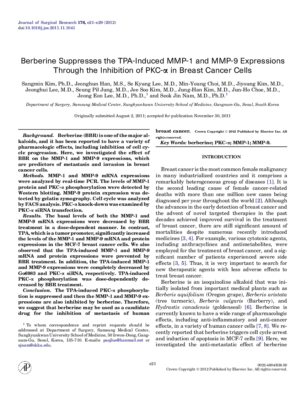 Berberine Suppresses the TPA-Induced MMP-1 and MMP-9 Expressions Through the Inhibition of PKC-α in Breast Cancer Cells