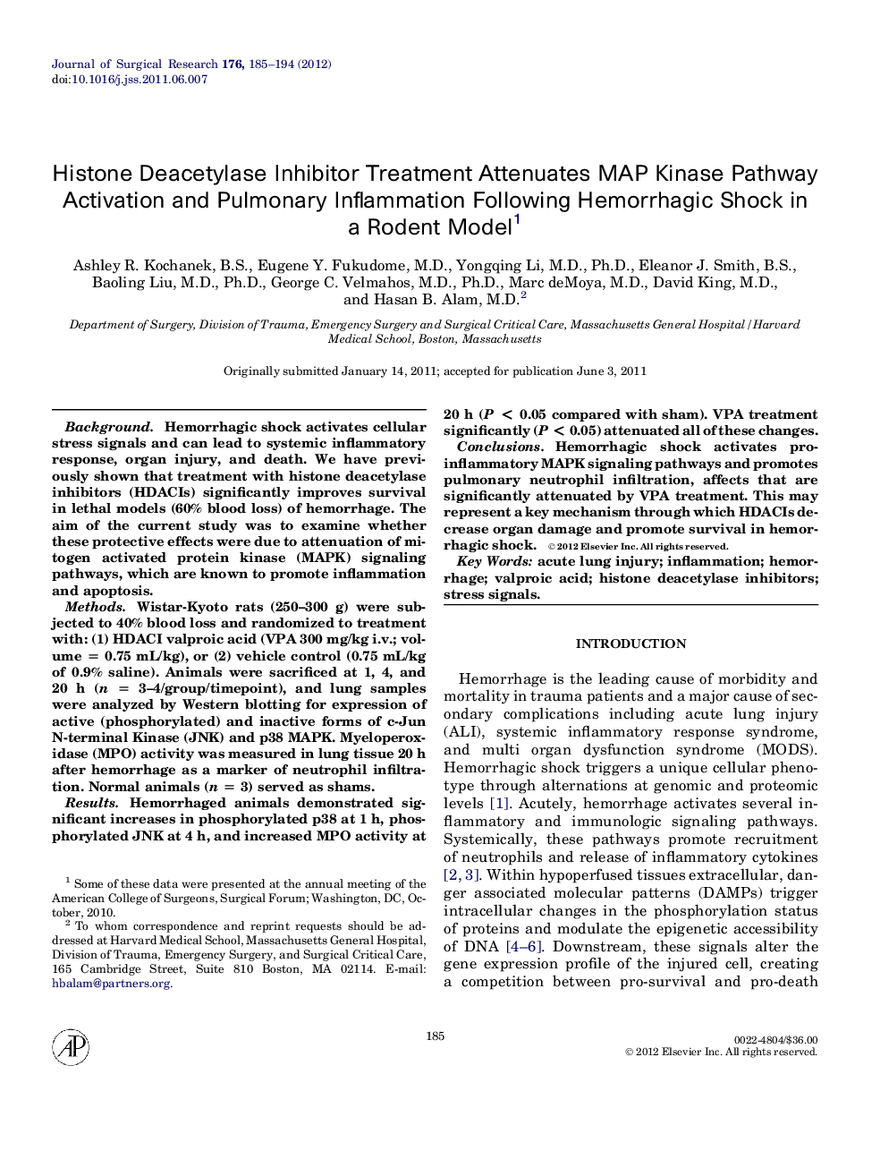 Histone Deacetylase Inhibitor Treatment Attenuates MAP Kinase Pathway Activation and Pulmonary Inflammation Following Hemorrhagic Shock in a Rodent Model1