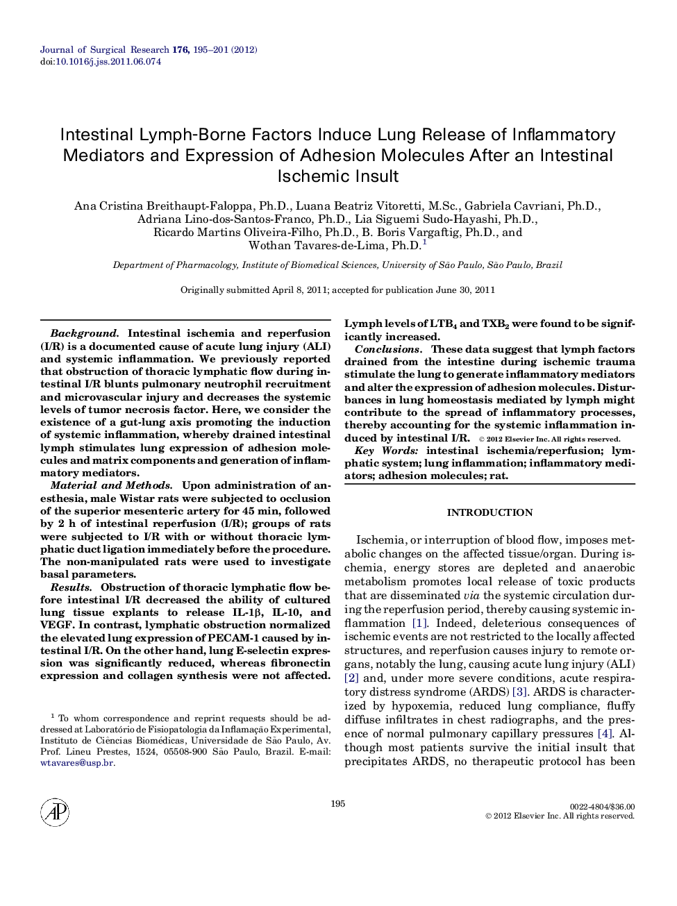 Intestinal Lymph-Borne Factors Induce Lung Release of Inflammatory Mediators and Expression of Adhesion Molecules After an Intestinal Ischemic Insult