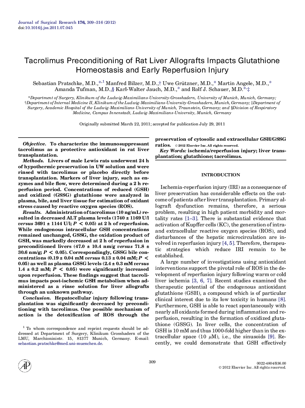 Tacrolimus Preconditioning of Rat Liver Allografts Impacts Glutathione Homeostasis and Early Reperfusion Injury