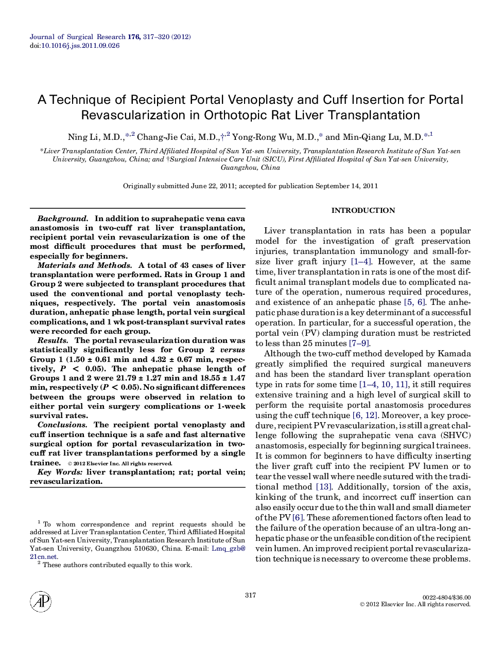 A Technique of Recipient Portal Venoplasty and Cuff Insertion for Portal Revascularization in Orthotopic Rat Liver Transplantation