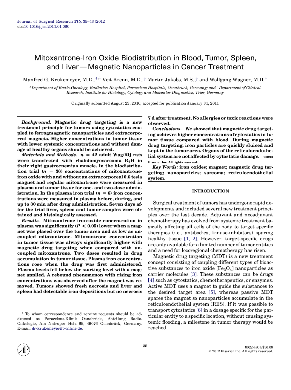 Mitoxantrone-Iron Oxide Biodistribution in Blood, Tumor, Spleen, and Liver—Magnetic Nanoparticles in Cancer Treatment