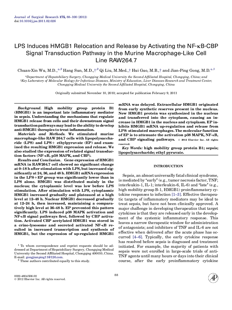 LPS Induces HMGB1 Relocation and Release by Activating the NF-κB-CBP Signal Transduction Pathway in the Murine Macrophage-Like Cell Line RAW264.7