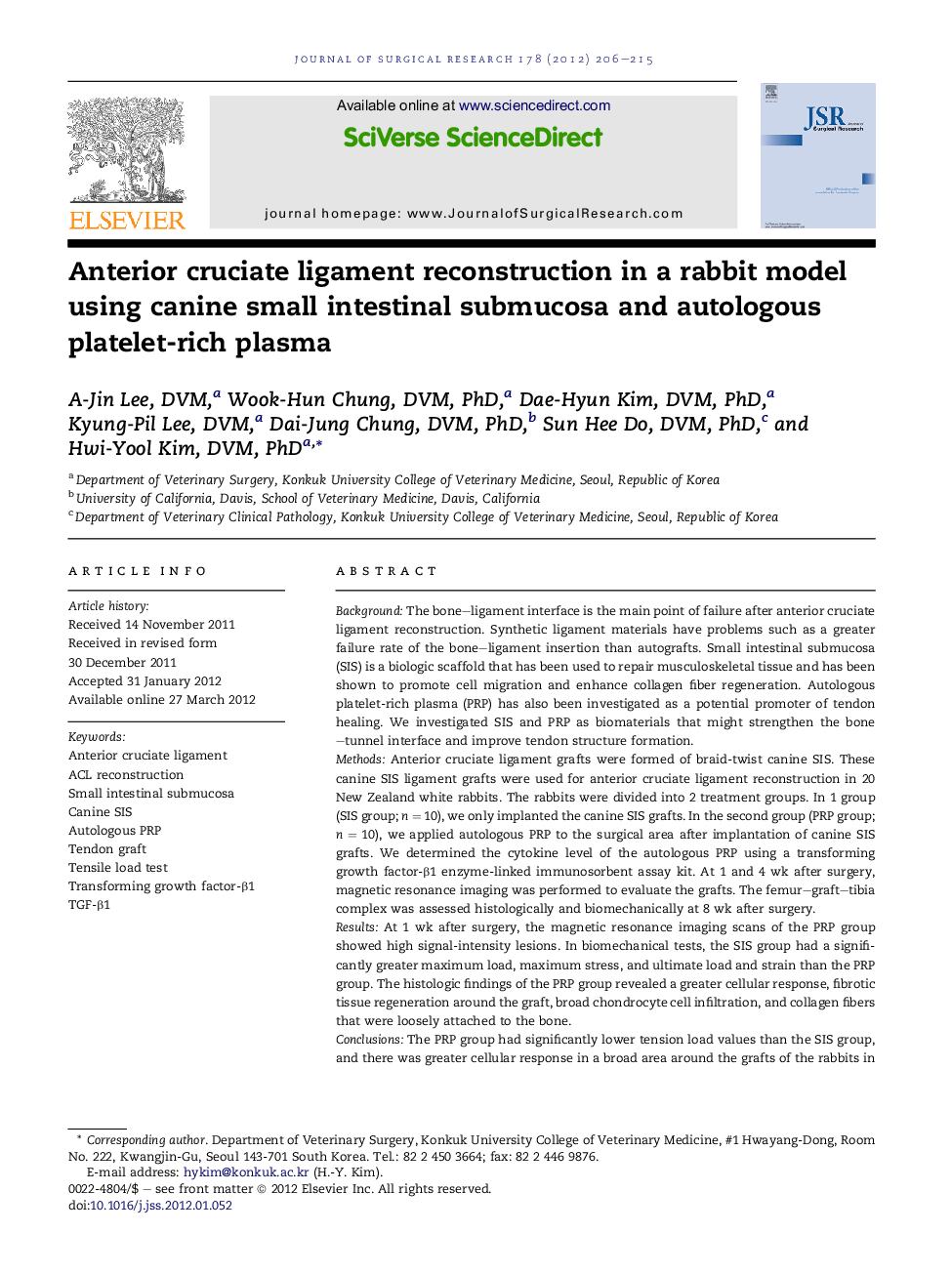 Anterior cruciate ligament reconstruction in a rabbit model using canine small intestinal submucosa and autologous platelet-rich plasma