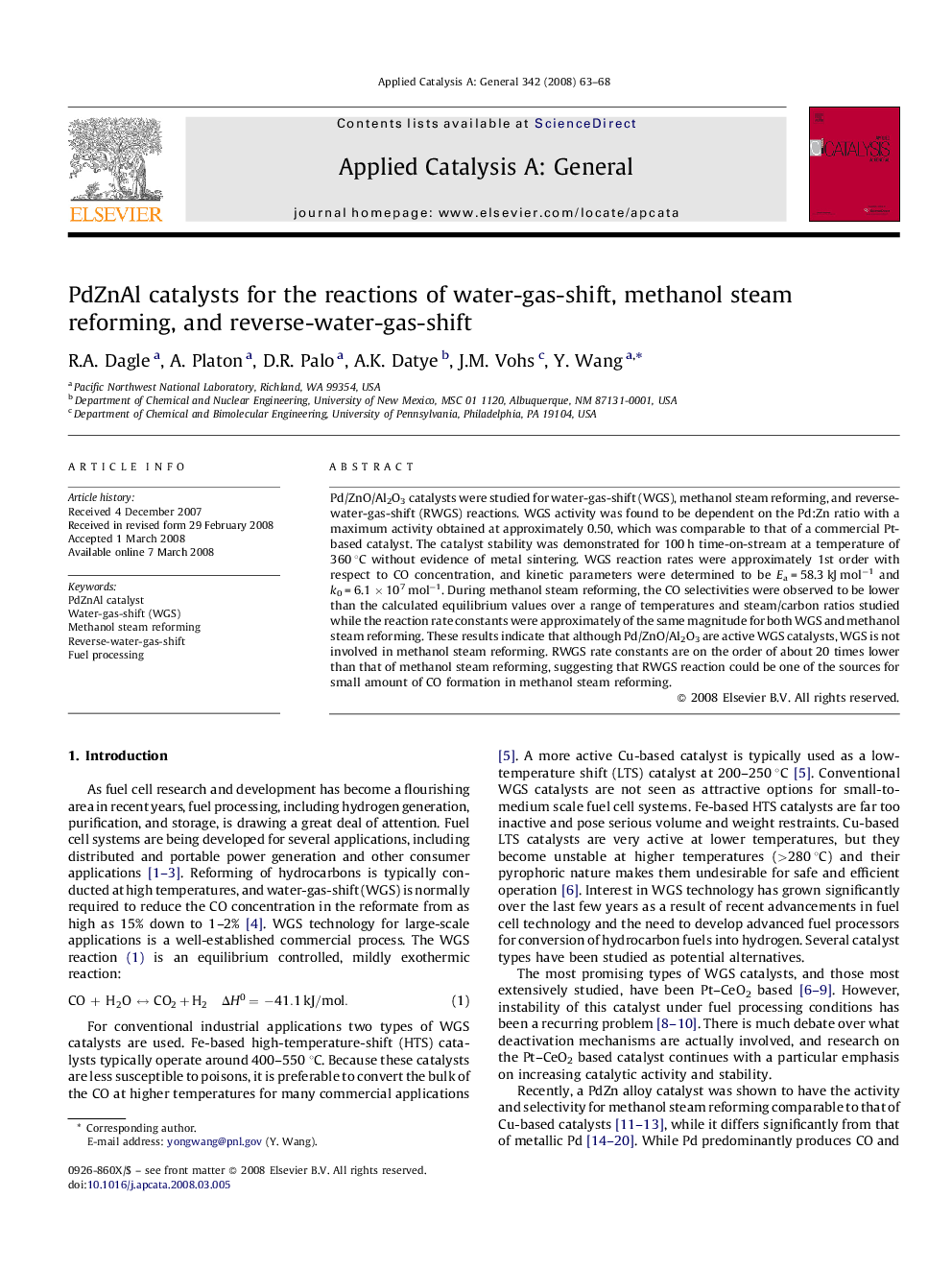 PdZnAl catalysts for the reactions of water-gas-shift, methanol steam reforming, and reverse-water-gas-shift