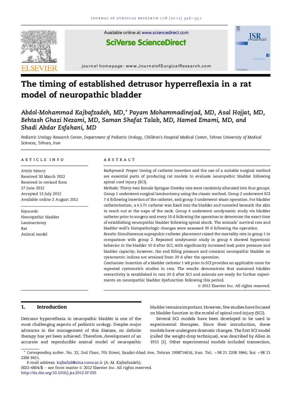 The timing of established detrusor hyperreflexia in a rat model of neuropathic bladder