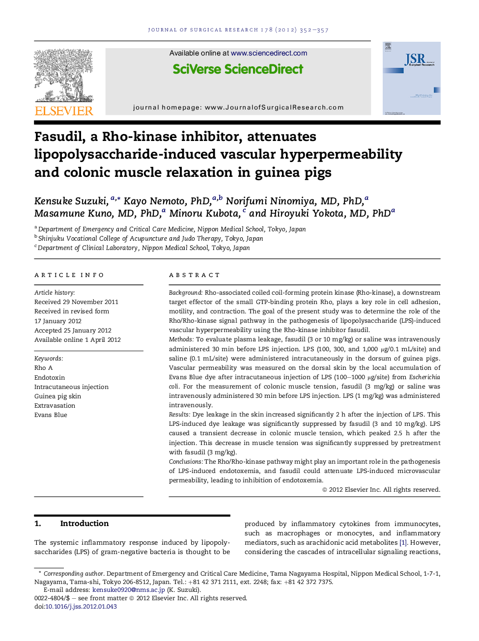 Fasudil, a Rho-kinase inhibitor, attenuates lipopolysaccharide-induced vascular hyperpermeability and colonic muscle relaxation in guinea pigs