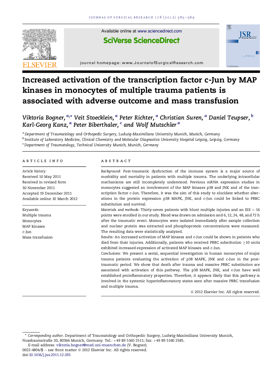 Increased activation of the transcription factor c-Jun by MAP kinases in monocytes of multiple trauma patients is associated with adverse outcome and mass transfusion