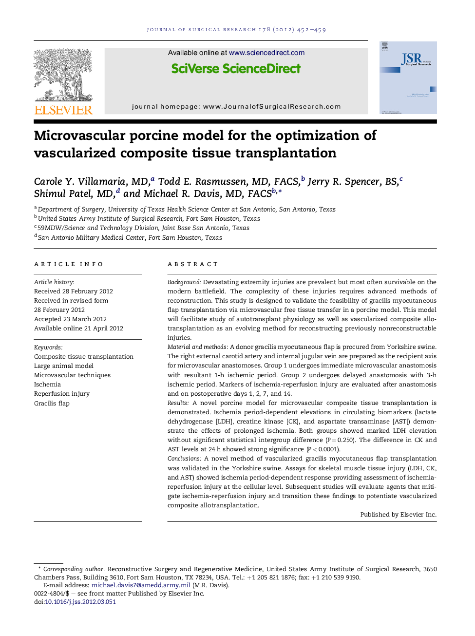 Microvascular porcine model for the optimization of vascularized composite tissue transplantation